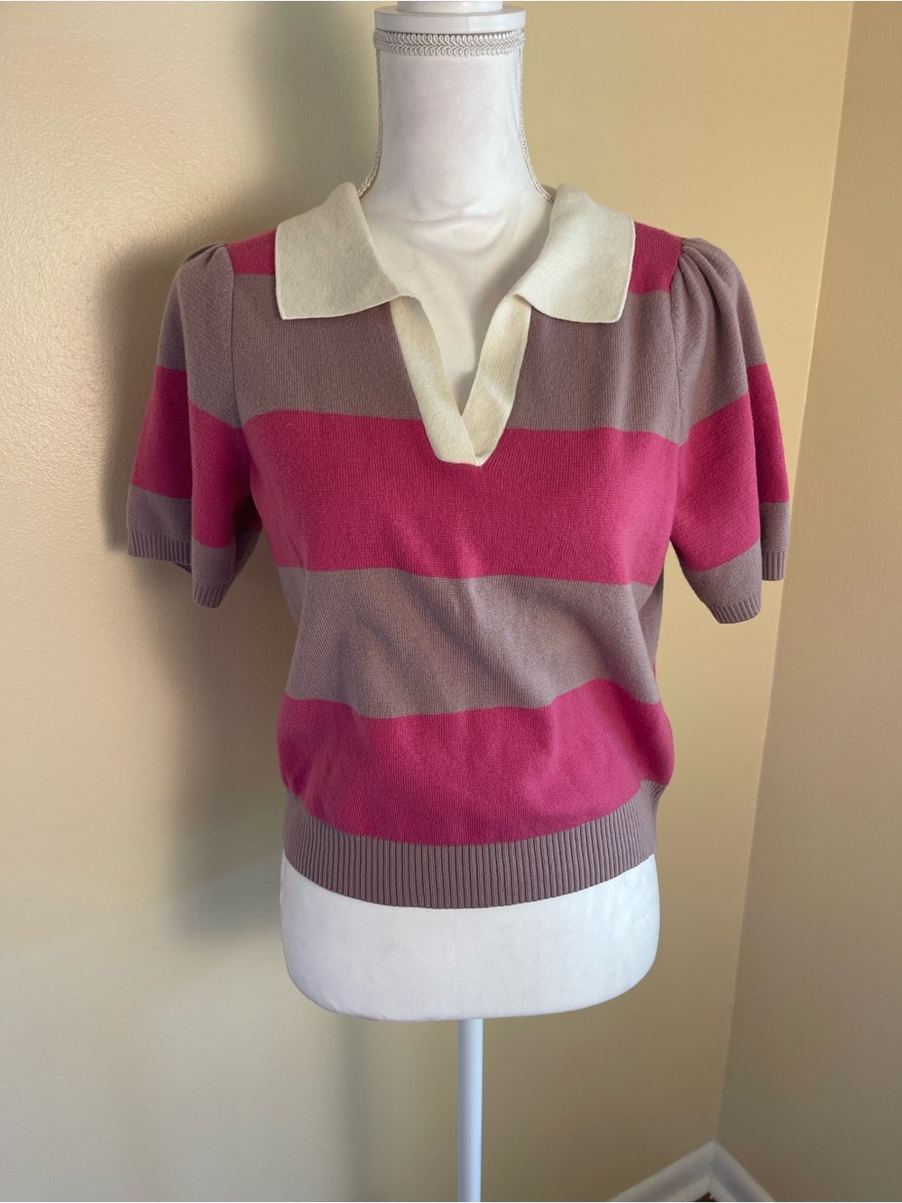 Lucky Brand Preppy Polo Sweater M Pink Taupe Stripe Puff Sleeve Knit Top Coastal